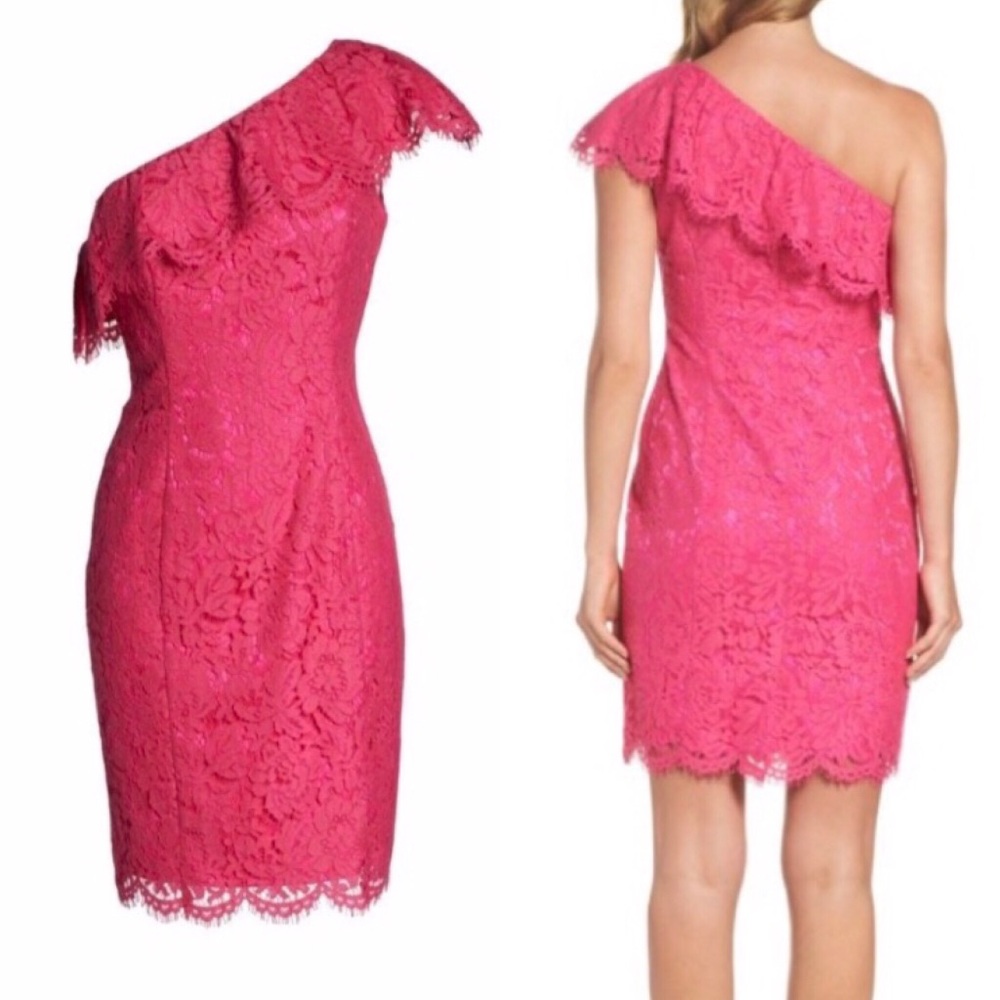 Eliza J.Ruffle Lace One Shoulder Sheath Dress pink